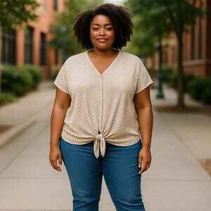 MAX STUDIO SZ 2X Womens Taupe & White Striped Knot Front Button Up Stretch Top